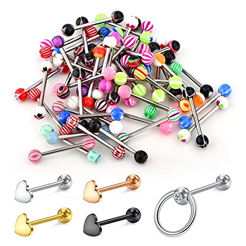 D.Bella Lot de 55 Piercings de Langue en Acier Inoxydable 14 g Couleurs Aléatoires 16mm Langue Anneaux Bar Piercing Bijoux pour Femmes Hommes
