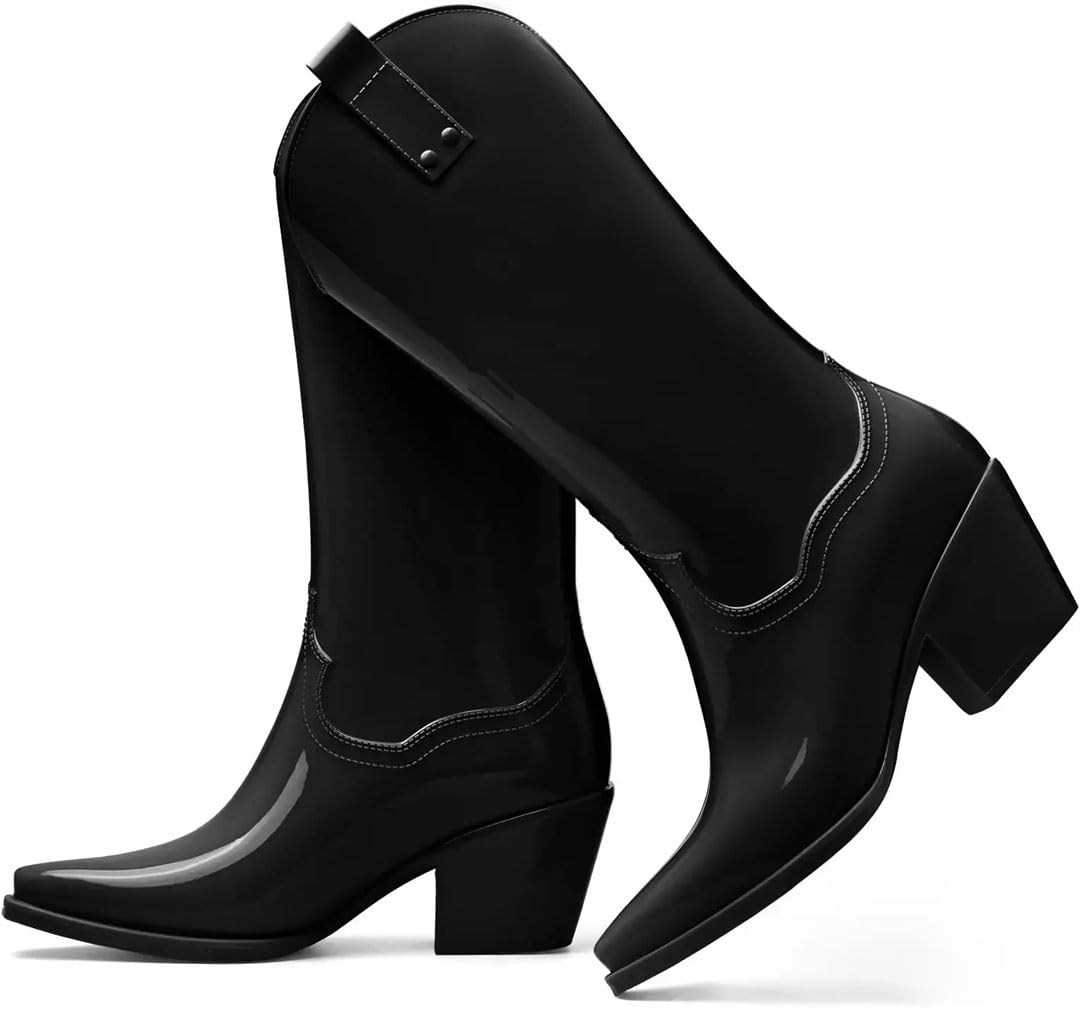 Womens Rain Cowboy Boots Rubber Boots For Women Chunky Mid Heel Rain Shoes