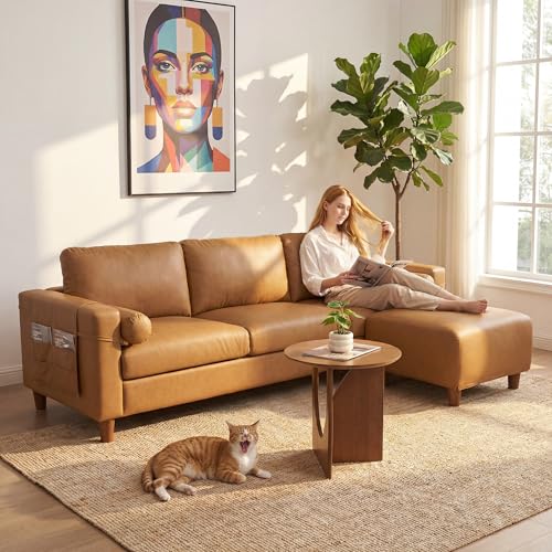 Image of Vesgantti 100 inch L Shaped Faux Leather Couch with Movable Ottoman, 3 Seater PU Leather Sectional Sofa with Side Pocket, Mid Century Modern Modular Couch for Living Room, Bedroom, Camel Tan
