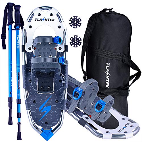 FLASHTEK 25'' Snowshoes for Men and Women Lightweight Snowshoes with Poles for Hiking and Heel Lift Riser for Mountaineering + Free Zippered Snowshoe Tote (Honeycomb Patterny)
