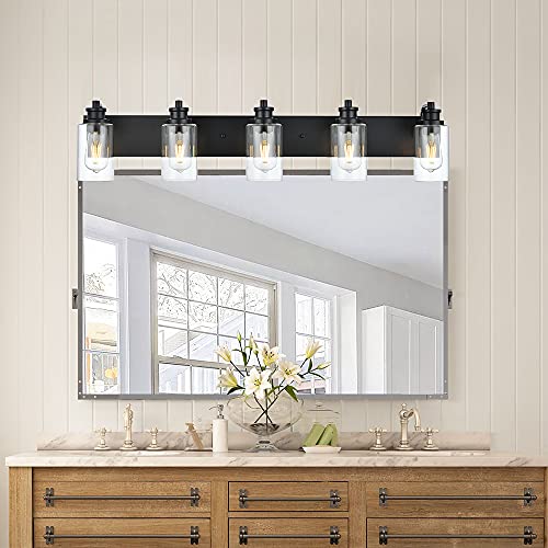 VINLUZ Industrial Bathroom Vanity Lighting 5 Light,Clear Glass Cylinder Shade Farmhouse Metal Base Wall Light Fixture in Black Finish for Bath Living Room - Image 4