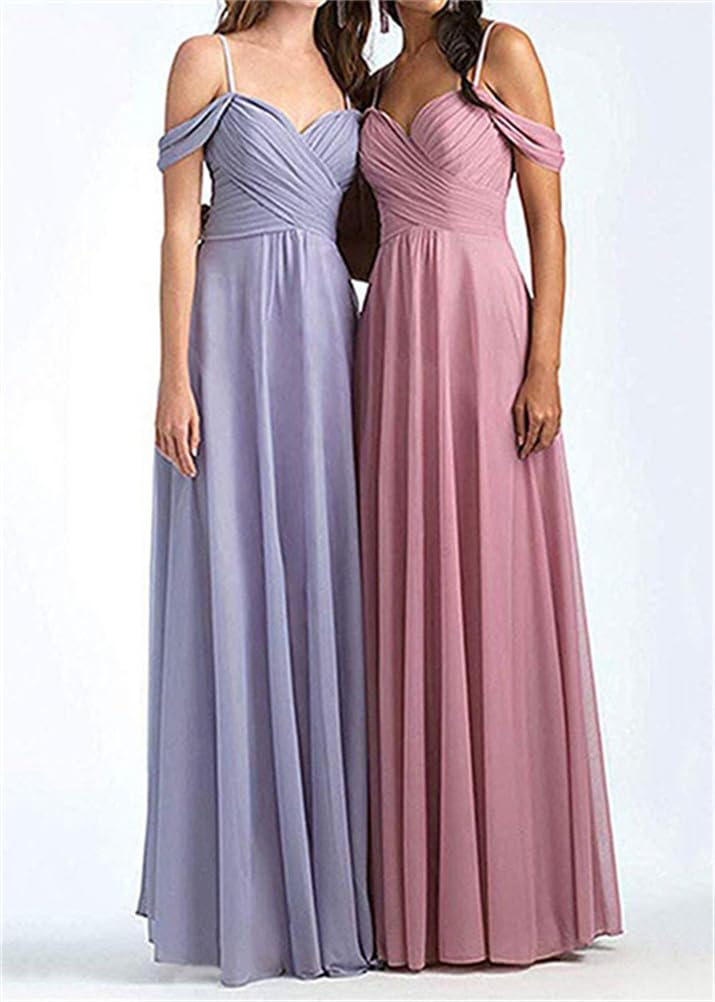 ORANDESIGNE Damen V-Ausschnitt Abendkleid A-Linie Chiffon Off Shoulder Brautjungfernkleid Elegant Lange Partykleider Spaghettiträger Hochzeitsgastkleid Abschlusskleid Ballkleid