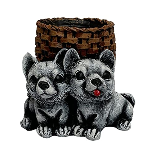 Image of AUGEN Pen Stand Decorative Hand Painted Two Puppy, Dog Design Stationery Holder | Gift Item | Table Top Decor (1053)