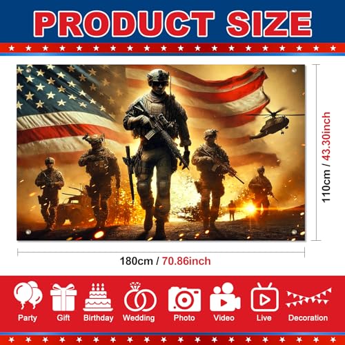 Image of BlissYard 4th of July Banner Patriotic Military Soldier Backdrop 71 x 43 Inches American Flag Fireworks Decorations Banner for Outdoor Yard Party Memorial Day Veterans Day Independence Day Decor