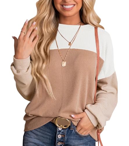 Image of ETOSELL Womens Fashion 2024 Fall Long Sleeve Color Block Crewneck Knitted Ribbed Tops Casual Comfy Loose Blouse Pullover