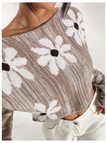 Image of Verdusa Women's Floral Print Flare Long Sleeve Pullovers Boat Neck Crop Top Sweater Khaki Large