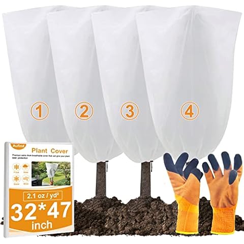 Aufind 4 Packs Plant Covers Freeze Protection, Winter Shrub Cover Tree Frost Blanket with Drawstring and Garden Gloves for Protecting Tree Vegetable Potted Flowers(32X47 inches, 2.1oz) Cover