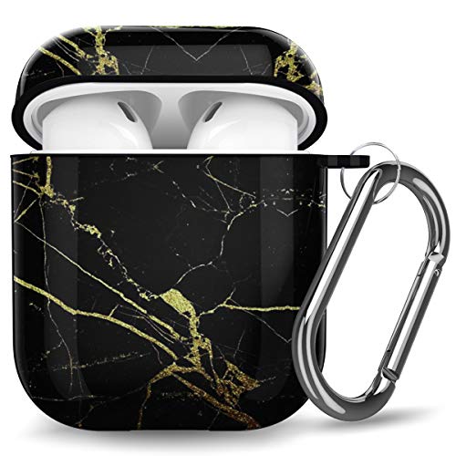 HUMENN Funda Protectora Compatible con Airpods 1 y 2 Funda, Funda Protectoras de TPU con Estampado Floral, Alimentado por Carga Inalámbrica, con Mosquetón, Mármol Negro
