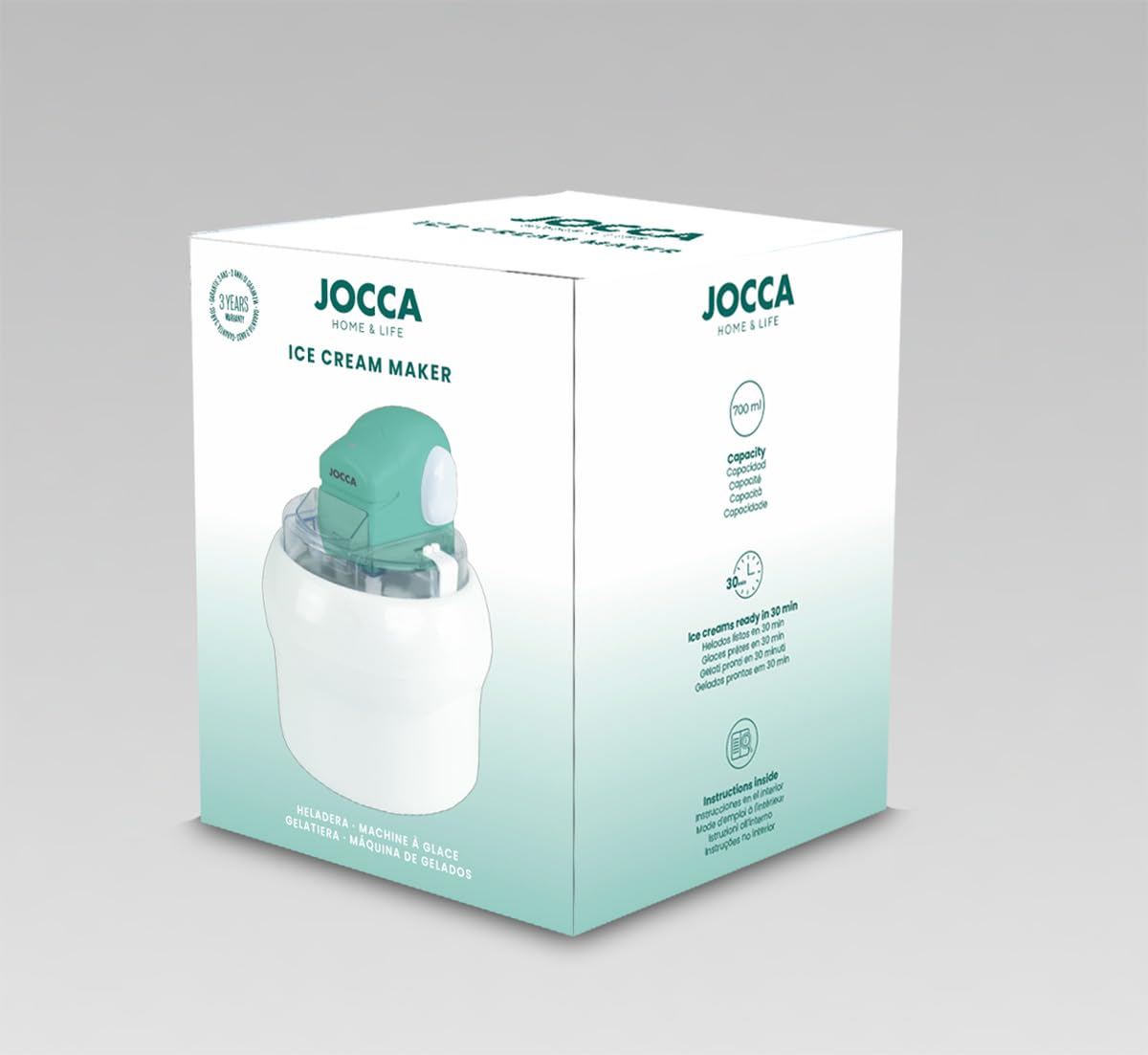 JOCCA - Máquina para hacer helados 700ml | Ice Cream Maker con bol refrigerante | Helado casero en 30 min | Motor extraíble | Fácil de usar y limpiar | Diseño blanco y turquesa