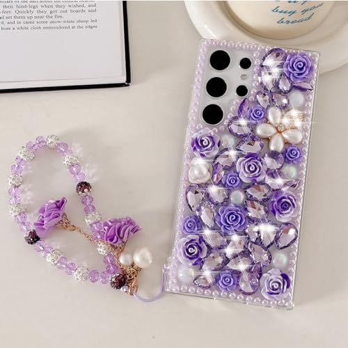 Image of Changjia for Samsung Galaxy S24 Ultra Glitter Bling Case,Cute Luxury 3D Sparkle Crystal Rhinestone Flower Diamond Pearl with Lanyard Wrist Strap Women Girls Case for Galaxy S24 Ultra 6.8 Inch (Purple)