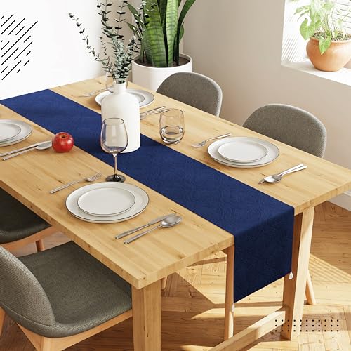 Image of Encasa XO 8 Seater Dining Embossed Velvet Table Runner | Size 32x240 cm | Navy Blue Color with Premium Polyester - Machine Washable