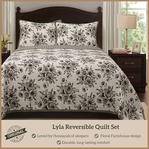 Image of Paseo Road Lyla 3 Piece King Taupe White Black Floral Cotton Quilt Set
