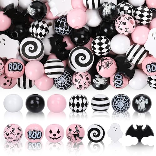 Whaline 214Pcs Halloween Wooden Beads 14 Styles Assorted Pattern Decorative Wood Beads Pink Black White Round Loose Beads for Tiered Tray Farmhouse Decor DIY Crafts