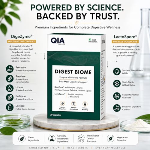 Image of QIA Digest Biome | Digestive Enzyme & Probiotic Capsules | DigeZyme 100 mg + LactoSpore 2 Billion CFU | Digestive Support for Heavy Meals, High Protein Diet & Daily Gut Health | 30 Capsules