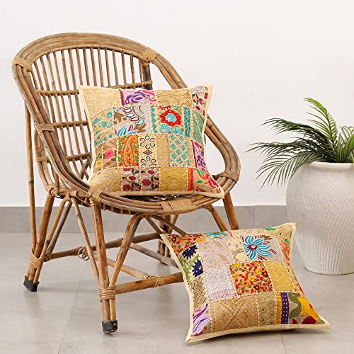 Image of Ravaiyaa - Attitude is everything Set Of 2 PC Home Sofa Decor Cotton Cushion Cover, Handmade Khambadiya Patchwork Pillow Case, Embroidery Cushions