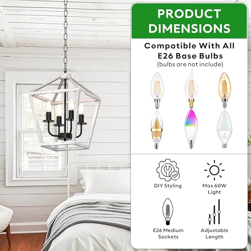 Image of Farmhouse Lantern Chandelier 4-Light, Industrial Brushed White Oak Ceiling Light Fixture with Open Cage and Adjustable Hanging Height, E12 Base for Kitchen Island, Dining Room, Entryway, Foyer