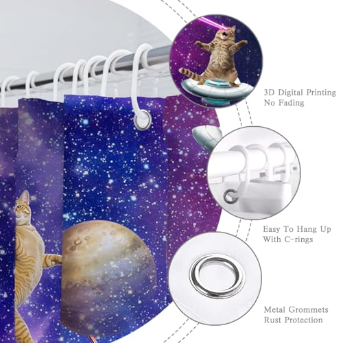 Image of Funny Cat Dinosaur Shower Curtain Fun Cool Hilarious Cats on Fantasy Galaxy Space Universe Anime Kids Bathroom Home Decor Waterproof Polyester Fabric 72Lx72W Inch with Hooks