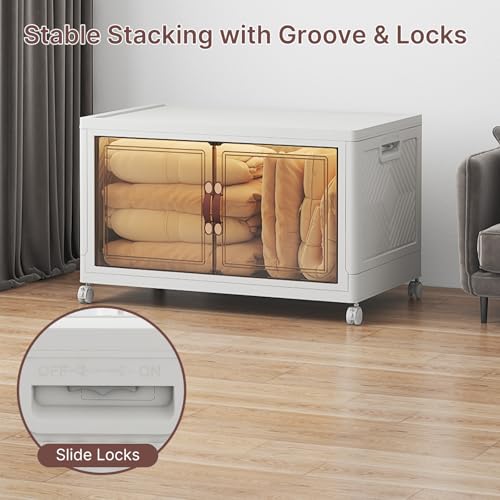 Image of UAMFURI Stackable Storage Bins with Lids, 180QT Closet Organizers, Lockable Storage Cabinet,Foldable Storage Box with Doors and Wheels, Plastic Drawers for Home, Garage, Office (1, White, Extra Large)