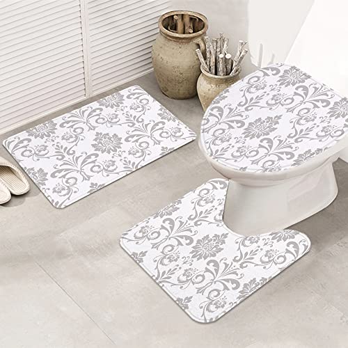 Badezimmer Set, rutschfeste Badematte und WC-Vorleger-Set, Silhouette Stil grau barock gefliest Seide abstrakt… – Bild 4