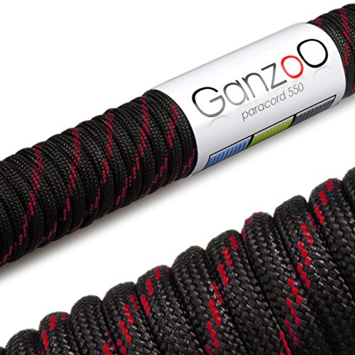 Ganzoo Paracord 550 Tipo 3 Cuerda 4 mm Negro Rojo, 30 m, 7 hebras internas, Funda Poliester/Nylon, Lavable y Ligera, para Pulseras, llaveros, Collar y Correa de Perro, Camping y Bricolaje