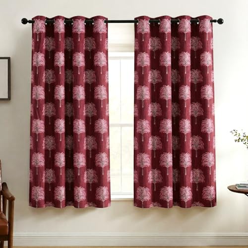 Image of Fashion String Elegant Tree 150 GSM Semi Transparent Eyelet Polyester Window Curtains - 5 Feet, Maroon (Set of 2)