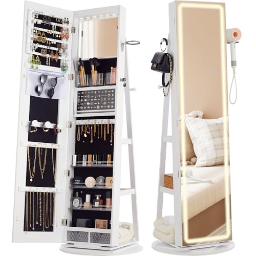 IRONCK LED Mirror Jewelry Cabinet Standing, 360° Swivel Lockable Jewelry Armoire with Full Length Mirror and Adjustable LED Lights, Jewelry Organizers and Storage with 3 Storage Shelves, White