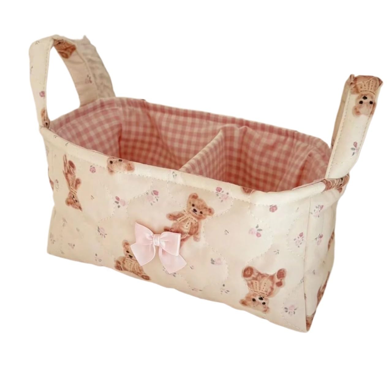 SUBLXPoten Foldable Floral Organizer Bin Small Quilted Storage Basket Floral Bow Desktop Organiser with Partition for Home Travel Countertop Dresser Little Items