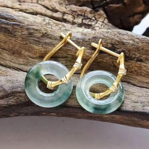 Pendientes de botón de jade verde y plata S925 con hebilla bambú 3