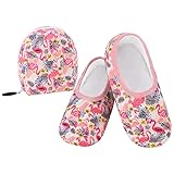 Snoozies Foldable Slippers for Women with Travel Pouch, Sherpa-Lined Slipper Socks Non-Skid (Flamingo, Large)