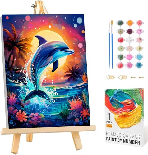 Arttoplus Malen Nach Zahlen Kinder mit Rahmen und Holzstaffelei- Delphin Malen Nach Zahlen ab 5 6 7 8 9 10 Jahre Mädchen Diy Acrylfarbe Paint by Numbers Tiere für Anfänger für Home Décor(20x30cm)
