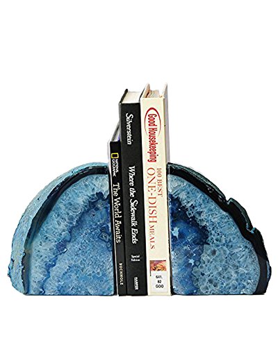 AMOYSTONE Blue Agate Bookends Small 2-3 lbs Polished Dyed Crystal Stone for Books