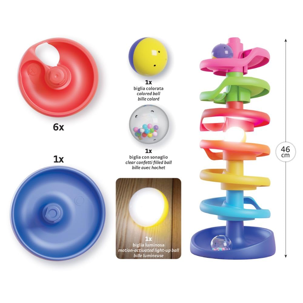 Quercetti Spiral Tower Brightball, Pista Biglie per Bambini, Gioco educativo 1 Anno+ con Biglie Colorate e Luminose, Stimola Motricità Fine e Coordinazione, Giochi Bambini 1 Anno