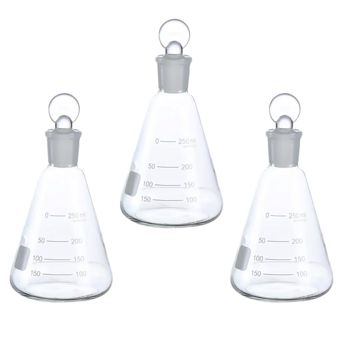 Beuta con Tappo 250ml in Vetro, Set da 3 Pezzi per Laboratorio | Scala Chiara, Inodore, per Esperimenti e Chimica, Adatta a Studenti, Forniture per Classe