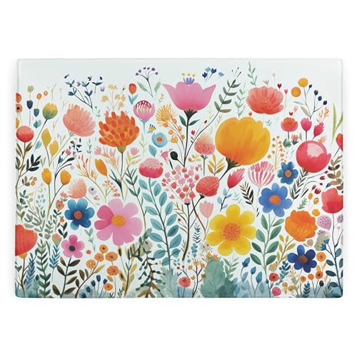 Watercolour Painted Glass Chopping Board - Rectangular Large Wildflowers Glass Worktop Protector - Smooth Board Kitchen Cutting Board Worktop Saver with Non-Slip Feet 39cm x 28.5cm (15 x 11)