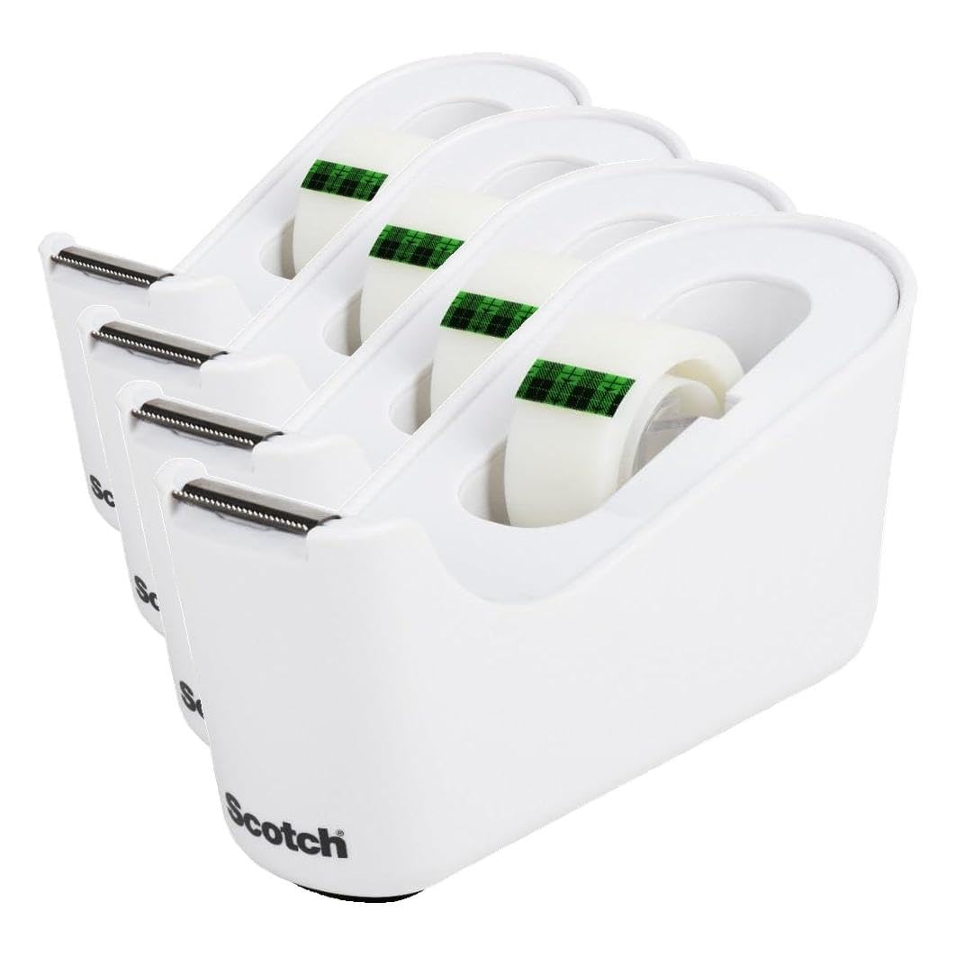 Scotch Tape Dispenser,White,Great for School or Office and Includes 1 Roll of Scotch Magic Tape 3/4 in x 350 in,ABS Material,(Pack of 4)