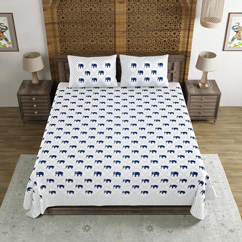 Image of BLOCKS OF INDIA Hand Block Printed 200 TC Cotton Super King Size Bedsheet (Blue GAD ELE)