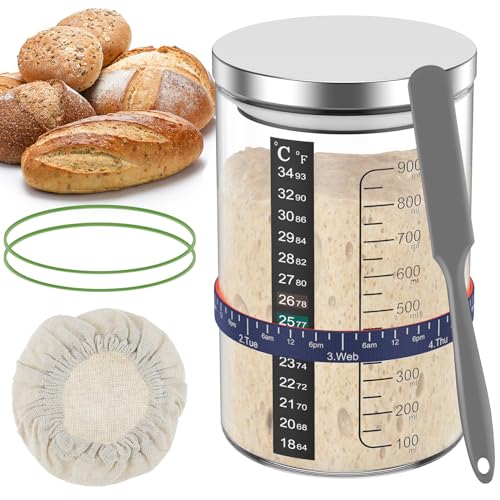 Juego de 5 tarros de masa madre con escala, tarro de vidrio de 900 ml con tapa de acero inoxidable, espátula gris, tira de posicionamiento, papel de temperatura, tapa de tela para hornear