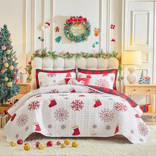 Christmas Quilt Set Queen Size 88x88 - White Red Socks & Red Gray Snowflake with Red Black Plaid - Xmas New Year Gingham Style Microfiber Winter Bedding Coverlet Thanksgiving Holiday Bedspread