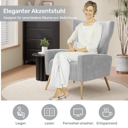 Hawthyhome 2er-Set Relaxsessel/Einzelsofa/Fernsehsessel/Ohrensessel mit Kopfkissen und Gold Metallfüßen aus Samt bis 130kg Schlafzimmer Wohnzimmer Gray