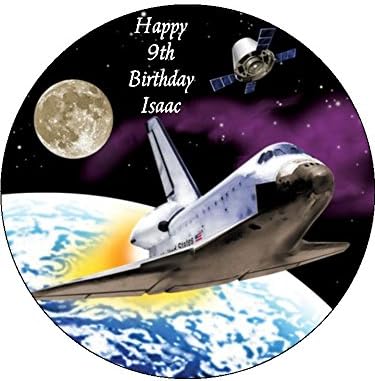 Outer Space Rocket Edible Icing Cake Topper Circle[Please use the 'Gift Option' or the 'Contact Seller' in the 'Your Orders' section of Amazon to tell us the wording required on your topper.] (7.5 inches/19cms)