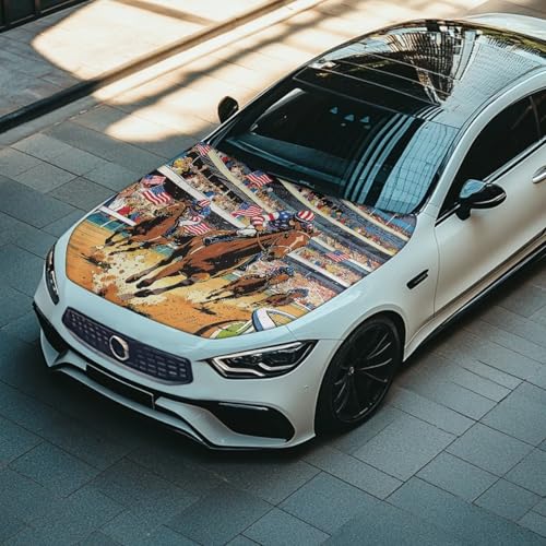 Image of Car Hood Cover Protector 59x39 inches Stretchable Auto Hood Wrap American Flag Horse Racing Waterproof Auto Exterior Accessories for Compact Sedans SUV Trucks