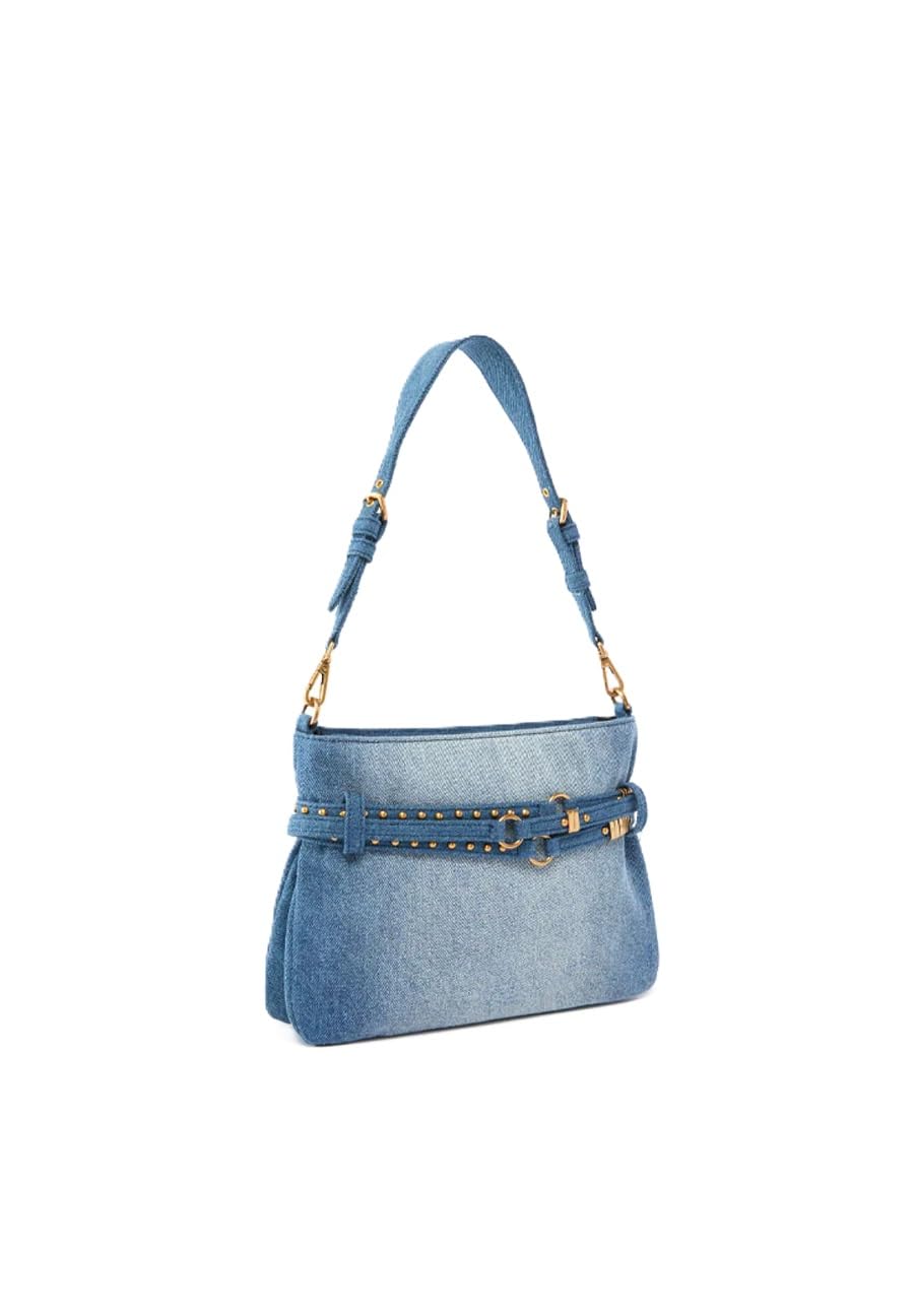 Pinko Mini Belt Bag in Denim con Borchie, Lavaggio Medio, 27x17x3 cm, Tracolla Regolabile e Amovibile