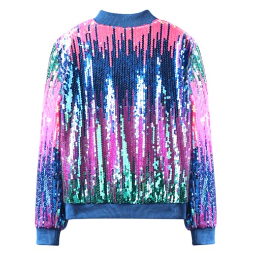 WELAKEN Girls' Ombre Sequin Bomber Jacket with Pockets Lightweight Sparkle Long Sleeve Zipper Gradient Jackets for Kid2