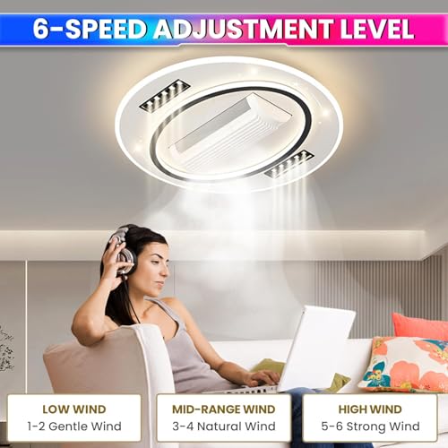 Image of Ceiling Fan with Integrated LED Lighting | Adjustable Brightness & Speed | Flush Mount Ceiling Light | Remote Control | Bedroom, Living Room