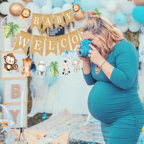 Image of Weecent Pre-Strung 6ft Burlap Welcome Baby Banner for Safari Baby Shower Decorations Neutral Jungle Animals Gender Reveal Party Decor