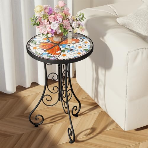 Mosaic Outdoor Side Table Patio Side Table Weather Resistant 14 Diameter 21 H Ceramic Tile Round Outside Table for Patio Porch Garden Pool IndoorOutdoorPlant Stand