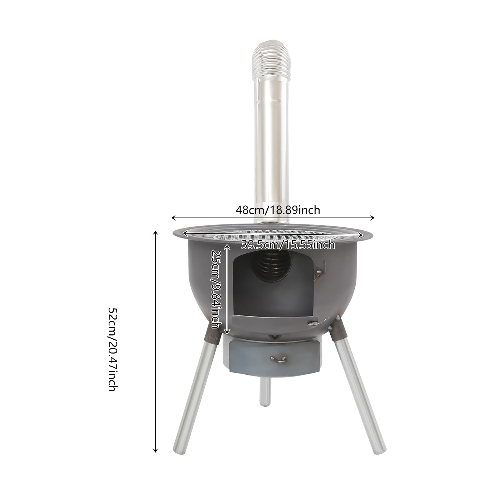 Poêle à bois de camping, portable, multifonction, avec cendrier, 48 x 52 cm, tout-en-un avec grille de cuisson et 3 anneaux de wok