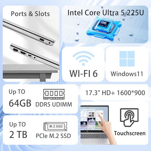 Image of HP Business Laptop, 17.3 inch Touchscreen, Intel Core Ultra 5 225U (> i7-1355U) for Multitasking, 32GB DDR5, 2TB SSD, Fingerprint, Backlit KB, Win11 Home, Silver, Bundle with PCO Laptop Cooler