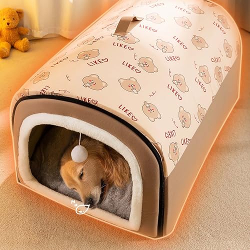 2024 Hundebett, große Haustierhöhle, 2-in-1-Hundehaus, Katzen-Iglu, Haustier-Komfortmatte, gemütlicher Schlafsack für Hunde, warmes Welpennest mit abnehmbarem Kissen, Braun, XXL