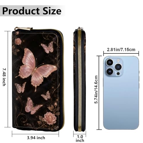 Image of Women's Wallets Credit Card Holder Money Leather Long Wallet | Long wallet with Wristlet,Large Capacity with Zip-Around Phone Purse for Women Ladies Girls,Gold Pink Butterfly